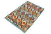 Flat Weave Kilim Antique Navaho Vintage handmade Geometric Kilim Rust Blue Hand-Woven Rectangle 100% Wool Area Rug 3x5